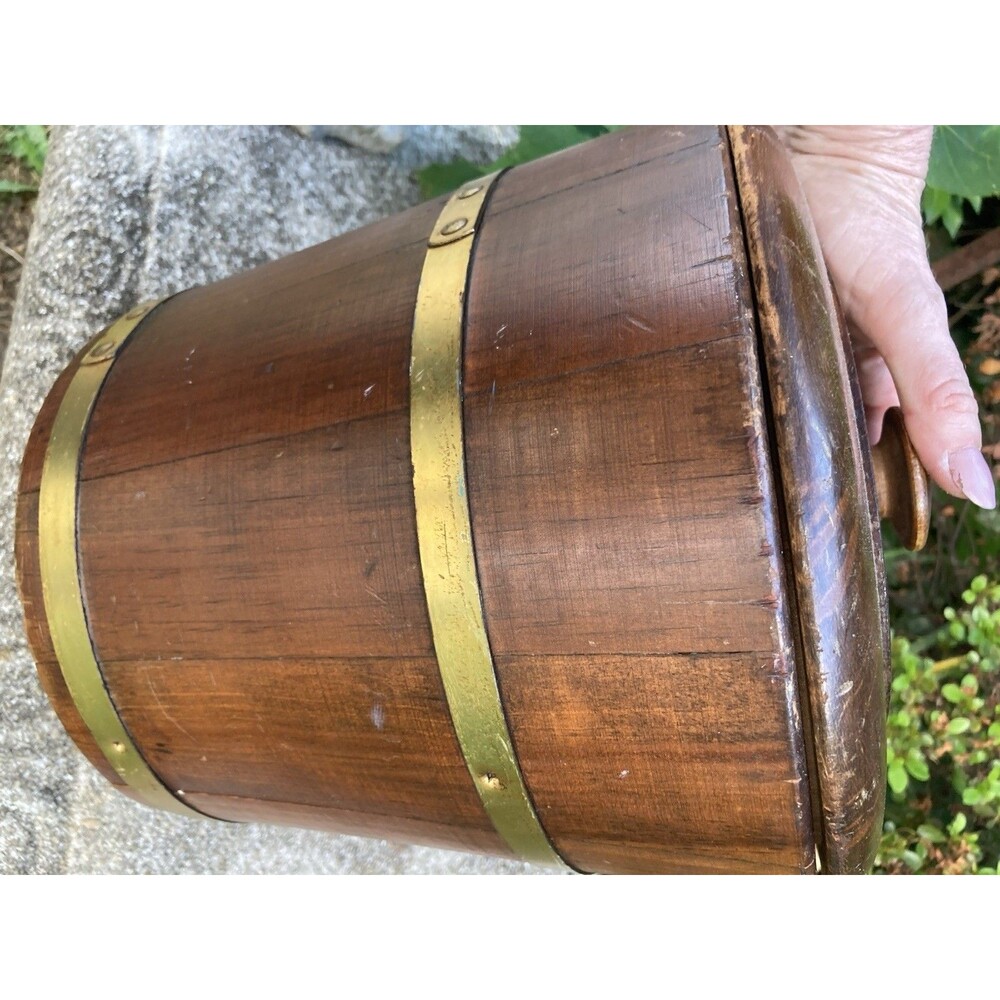 Vintage Farmhouse Wooden Firkin Barrel Ice Bucket w/ Brass Band & Bowl Liner - Picture 7 of 9